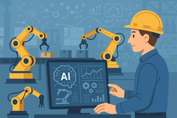 Smart industry 4.0 concept with engineer controlling robotic arms using AI. Factory automation and intelligent manufacturing revolution. Industrial production line with smart technology.