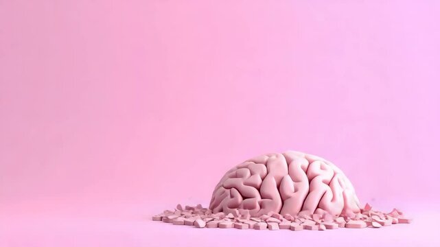 Abstract art of a brain exploding on a bright pink background with colorful fragments flying
