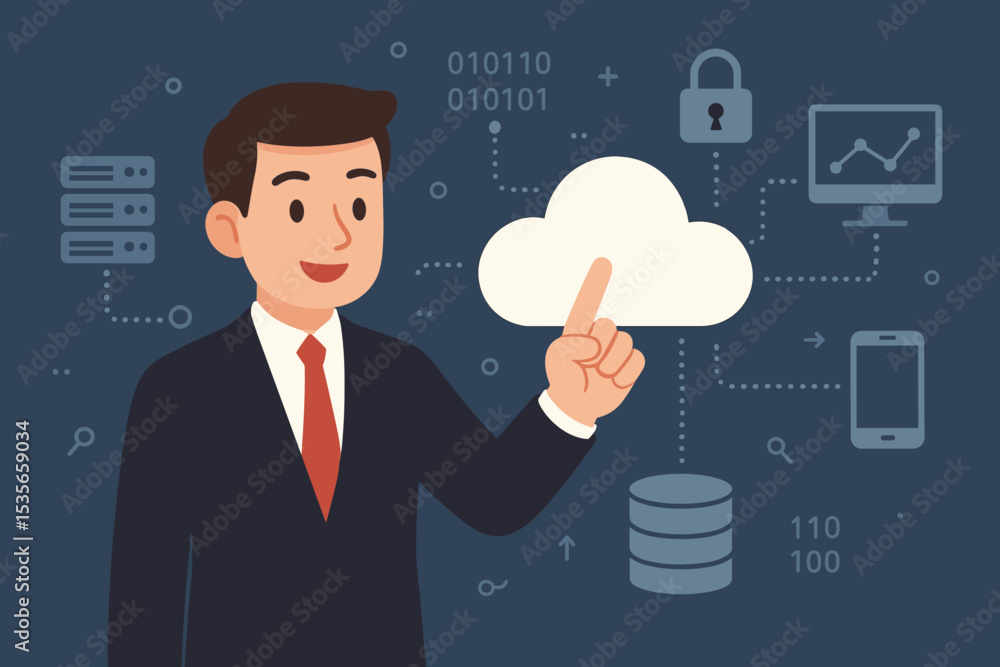 Poster businessman with cloud computing technology concept. data storage, network connectivity, server host