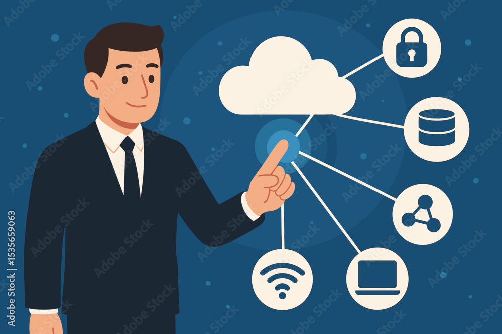 Poster cloud computing concept with businessman. it specialist managing data storage, network security, and