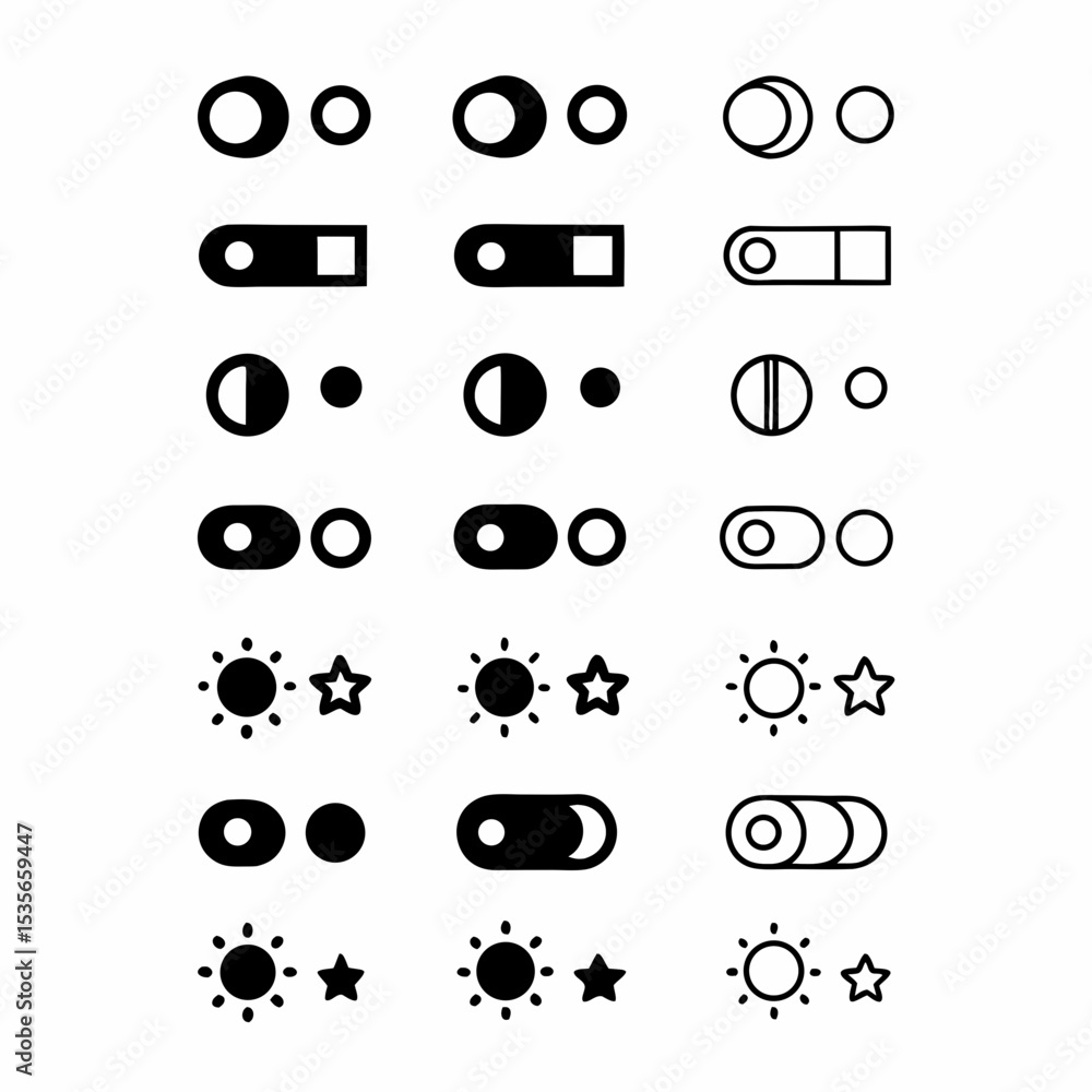 Poster design two distinct icons for a light and dark mode toggle a sun for light and a crescent moon for d