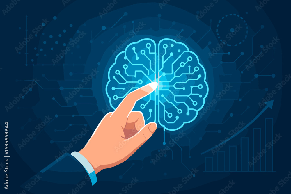 Poster artificial intelligence concept. businessman hand touching digital brain circuit. ai and machine lea
