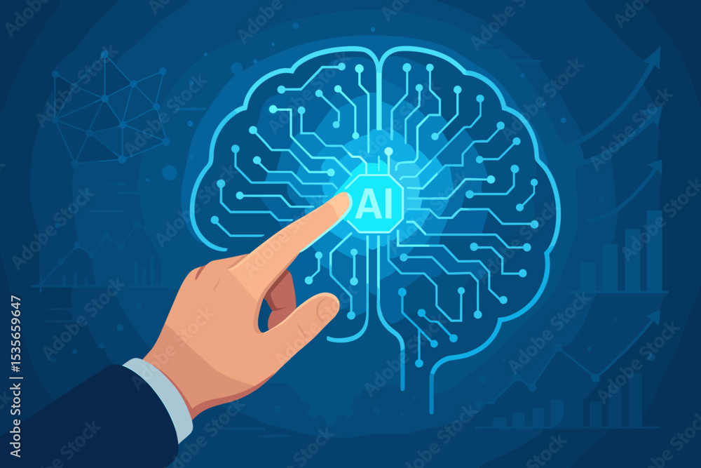 Poster artificial intelligence concept. businessman hand touching a digital brain circuit. ai technology, m