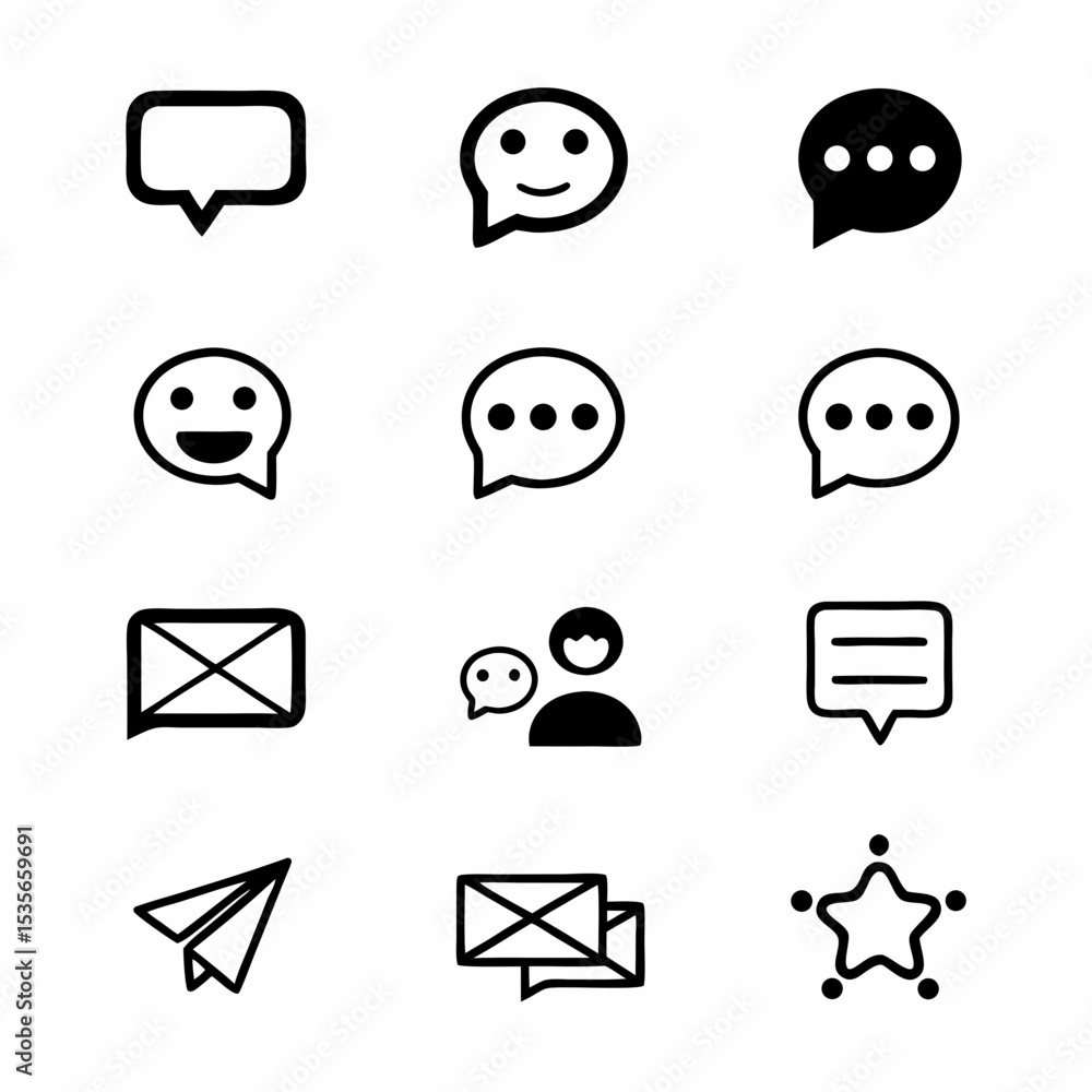 Poster design a vibrant icon pack for a messaging app, featuring diverse and modern communication symbols. 