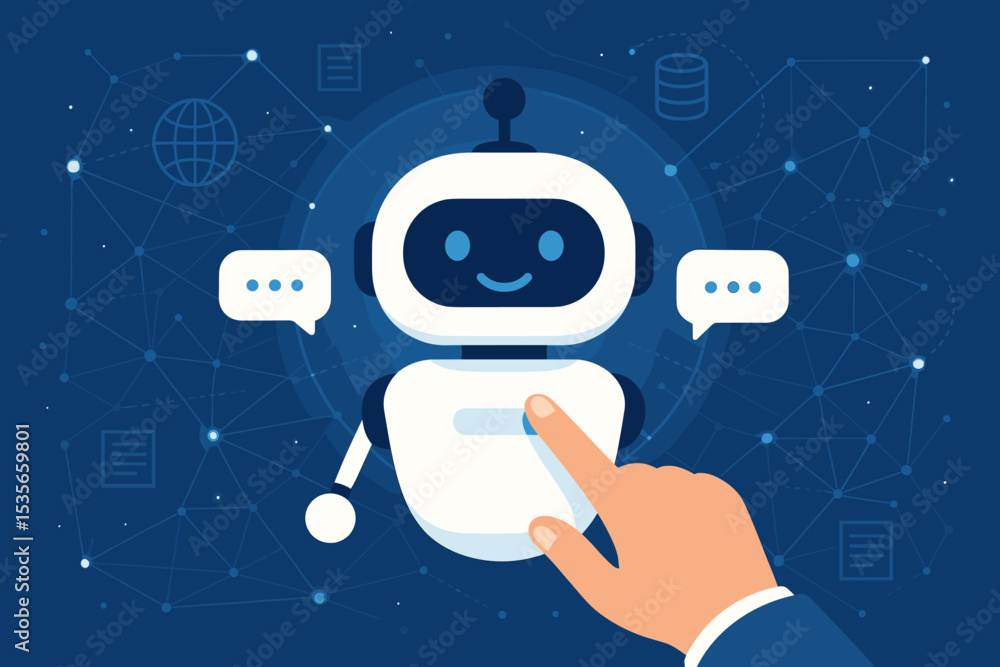 Poster ai chatbot communication concept. human hand interacting with a friendly robot for customer service.