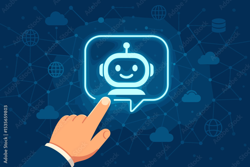 Poster businessman hand clicking ai chatbot icon. artificial intelligence for customer service and online s