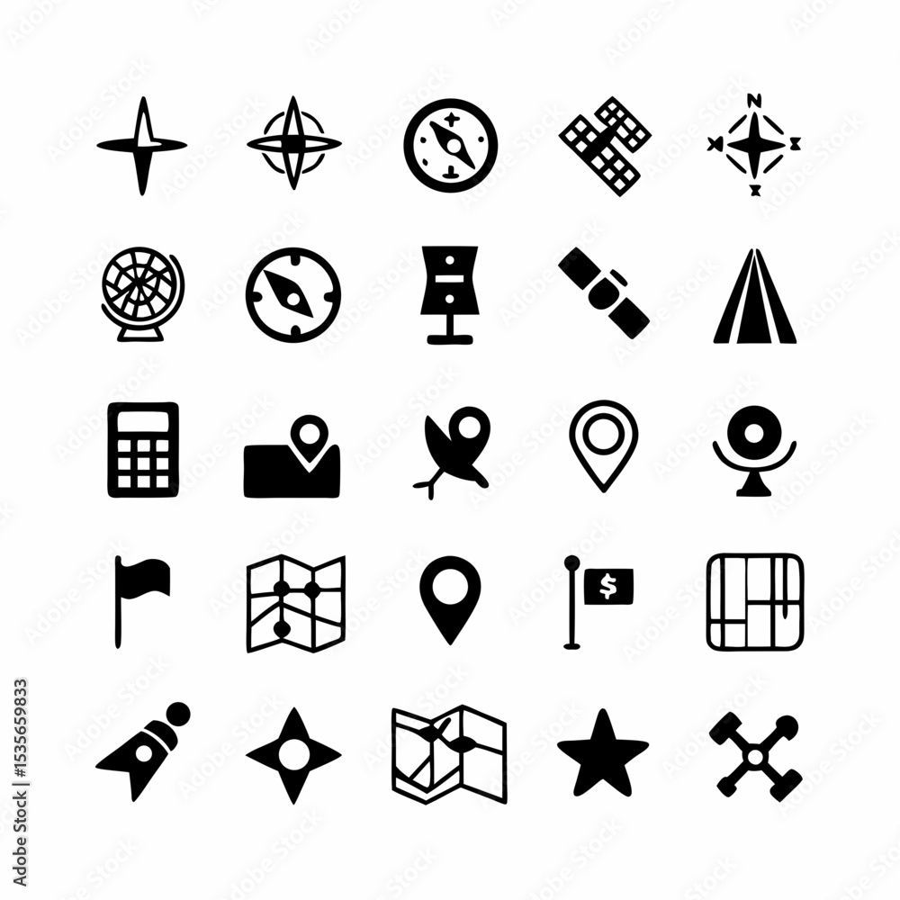 Poster create a diverse set of high-resolution navigation and gps icons, including location pins, compass r