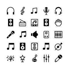 Design a set of vibrant, modern icons representing various music and audio production tools and processes.  Include mixing consoles, microphones, headphones, speakers, and waveforms.