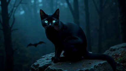 A black cat with glowing blue eyes perched on a rock in a dark and foggy forest at nighttime scene - Powered by Adobe