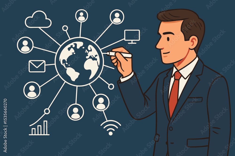 Poster global networking concept. businessman drawing a world connection diagram. international business st