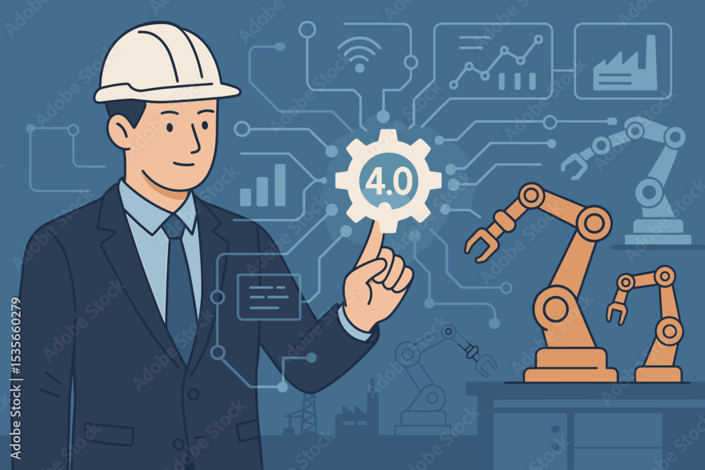 Poster industry 4.0 concept with engineer controlling smart factory. automation and futuristic production. 