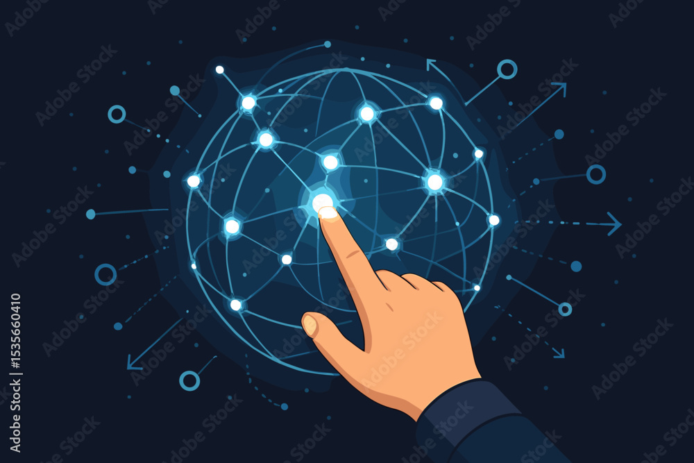 Poster metaphor global network business connection. hand touching glowing sphere. concept big data. future 