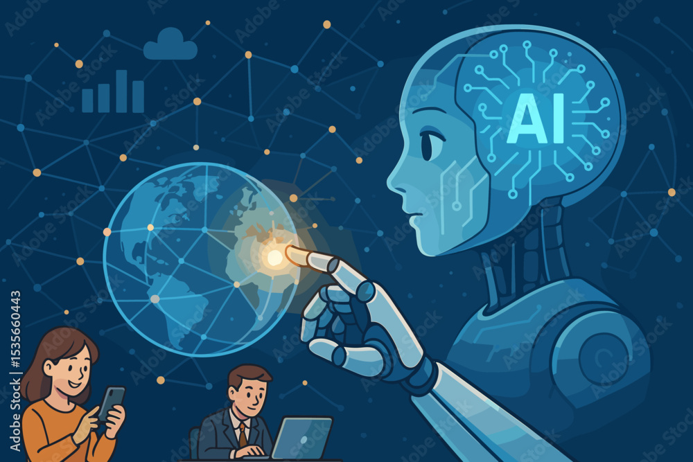 Poster artificial intelligence transforming the world. robot hand touching glowing global network. future t