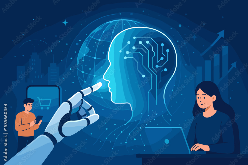 Poster artificial intelligence transforming society. robot hand interacts with digital brain. future techno
