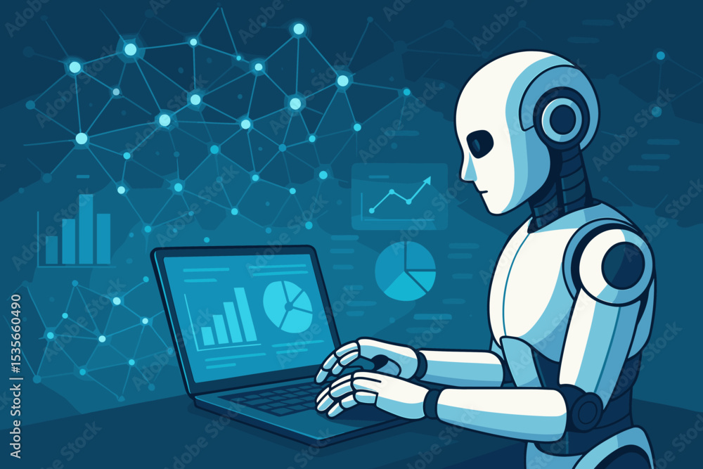 Poster futuristic robot analyzing big data on laptop, artificial intelligence automation, machine learning,