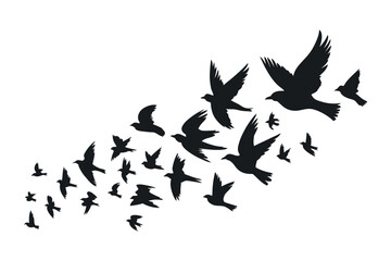 Silhouette of a Flock of Birds Flying Symbolizing Freedom and Movement Isolated on a White Background Vector Illustration