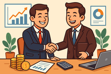 Business deal handshake concept. Two businessmen partners finalizing agreement. Corporate success, investment, and financial growth vector illustration with money, charts, and laptop.