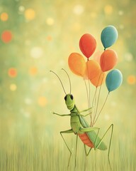 Whimsical cartoon grasshopper holding balloons, sunny background