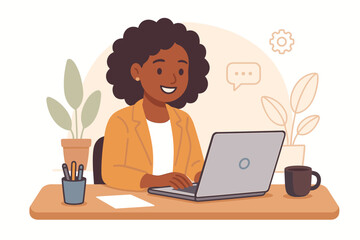 Professional African American Woman Working Remotely on Laptop at Desk, Productivity, Home Office, Freelance Work, Modern Workspace, Business Communication, Telecommute, Digital Technology Concept