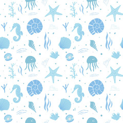 Cute Underwater Seamless Pattern with Marine Animals