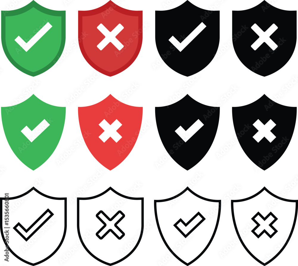 Poster various shield icons with check marks and crosses in different colors indicating security and protec