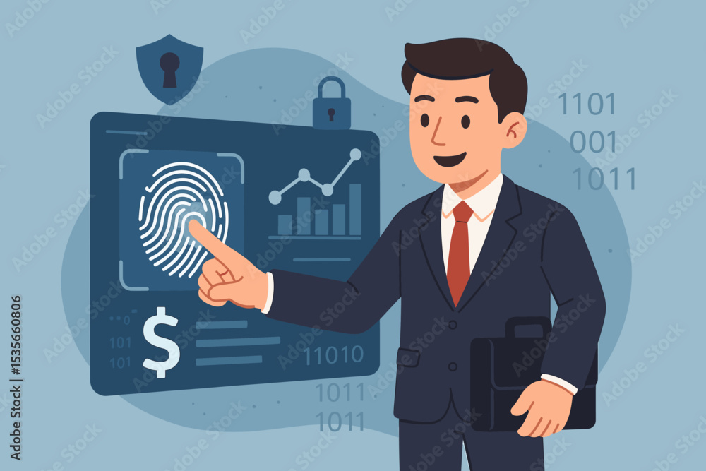 Poster businessman using fingerprint authentication for secure digital access, financial data protection, c