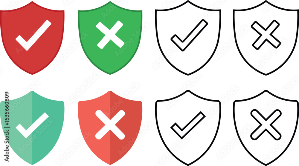Poster set of shields with check marks and x symbols representing approval and rejection decisions