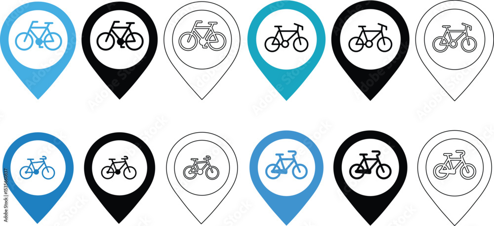 Poster bicycle location icons in various colors and styles representing bike paths and services