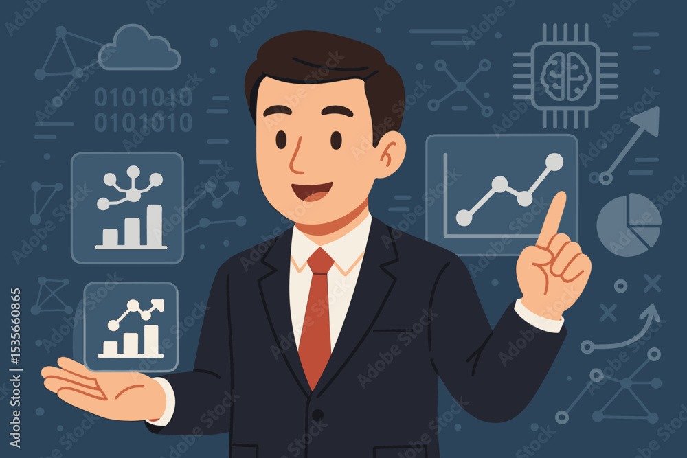 Poster businessman in suit presenting data science analytics, artificial intelligence, machine learning wor