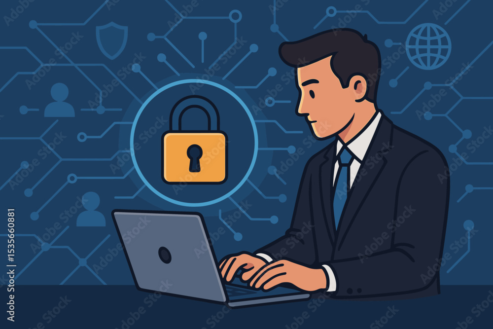 Poster businessman using laptop for cyber security protection, data privacy and network security concept, s