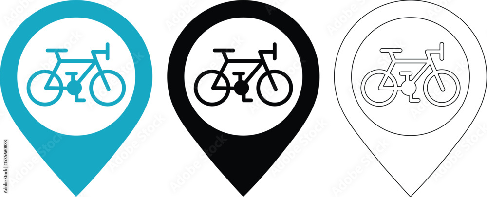 Poster bicycle location pin icon three color variations for navigation and guidance purposes