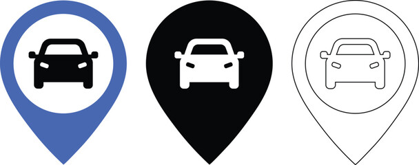 Car location pin icon set illustrating parking navigation and automotive transportation services