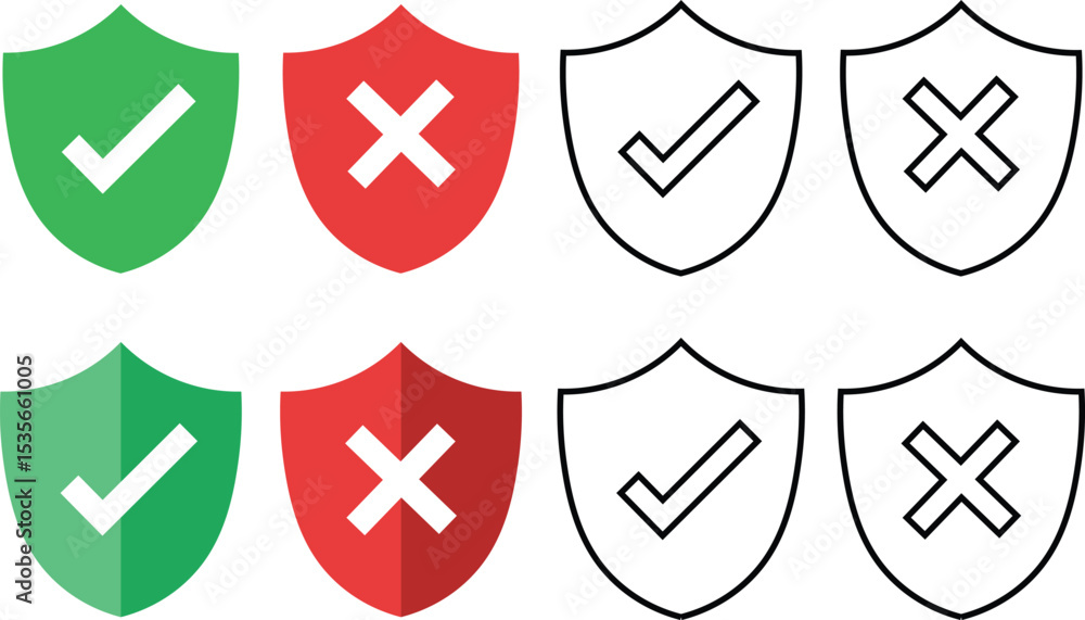 Poster shields with check marks and crosses representing approval and denial in digital design