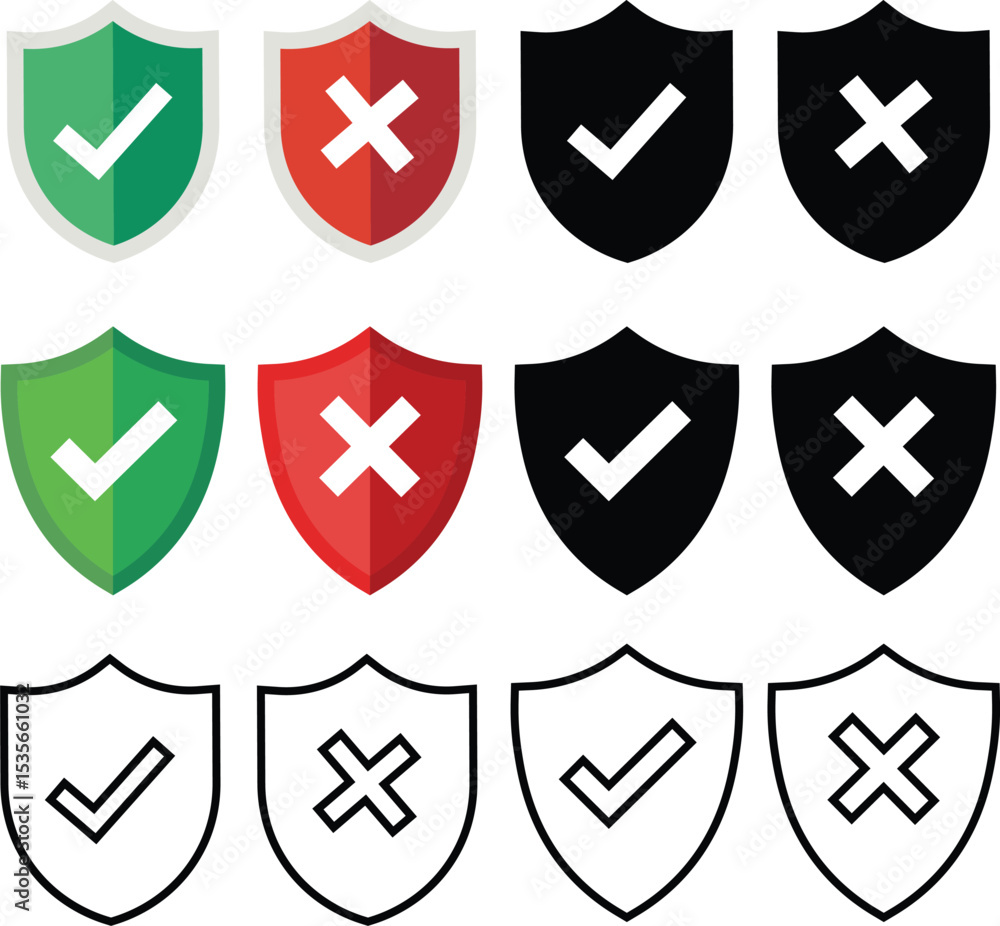 Poster a collection of approved and denied shield icons illustrating security and protection concepts