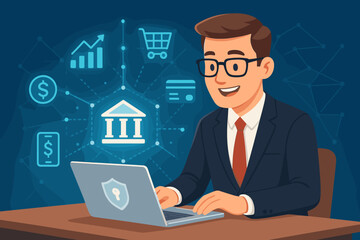 Digital banking and fintech concept. Businessman using laptop for online financial management. Secure electronic payment, investment growth, and e-commerce vector illustration with icons.