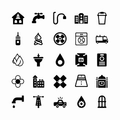 Create a set of diverse, modern icons representing essential public services and utilities.  Include water, electricity, gas, and waste management symbols.