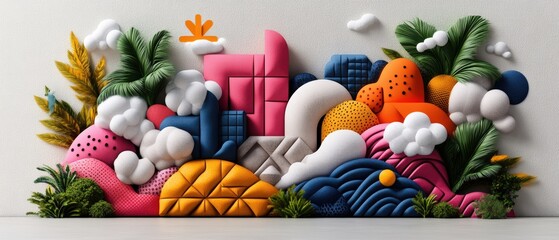 Colorful abstract geometric landscape with clouds plants and spheres in vibrant 3D art style