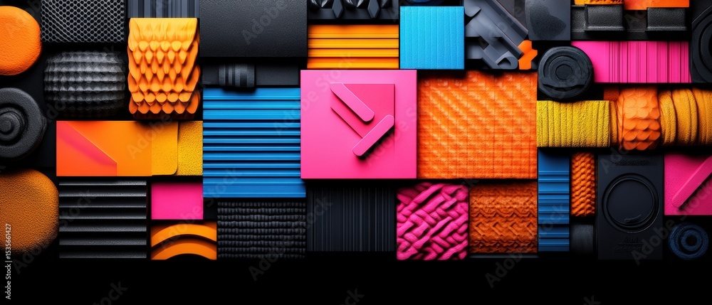 Poster colorful abstract geometric textured shapes with vibrant blocks and intricate patterns composition