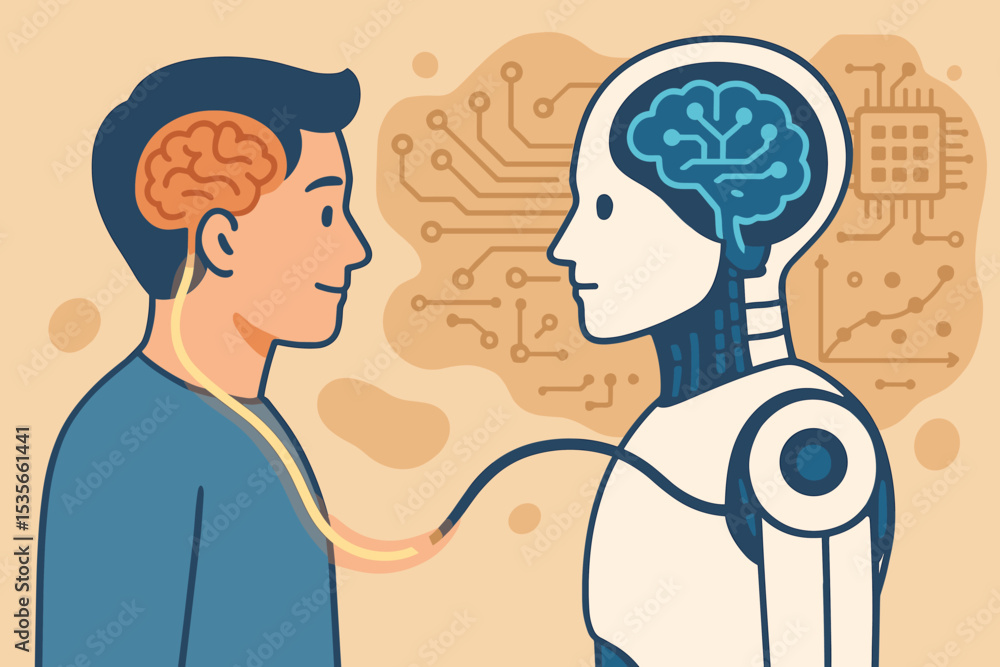 Poster ai and human mind integration vector concept. man connected to robot, brain-computer interface. futu