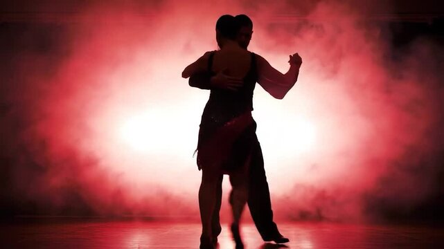 Silhouetted tango dancers in red haze, formal embrace, on polished floor