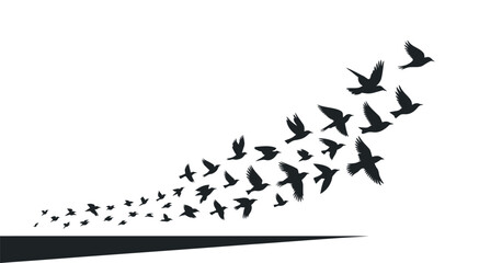 Silhouette of a Flock of Birds Flying Away Freedom and Hope Concept Isolated on White Background Vector Illustration