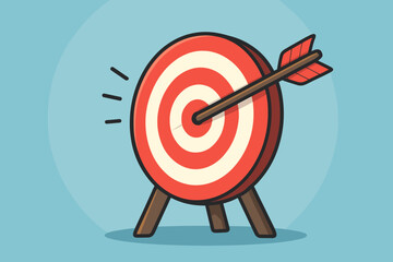 Bullseye success concept. Arrow hitting the center of a target board. Metaphor for business goal achievement, marketing strategy, focus, and aim. Vector illustration of a dart.