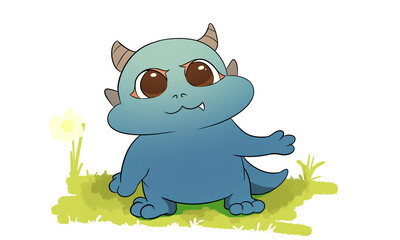 Cute Blue Monster Cartoon Character – Chibi Style Fantasy Animal Sitting on Grass
