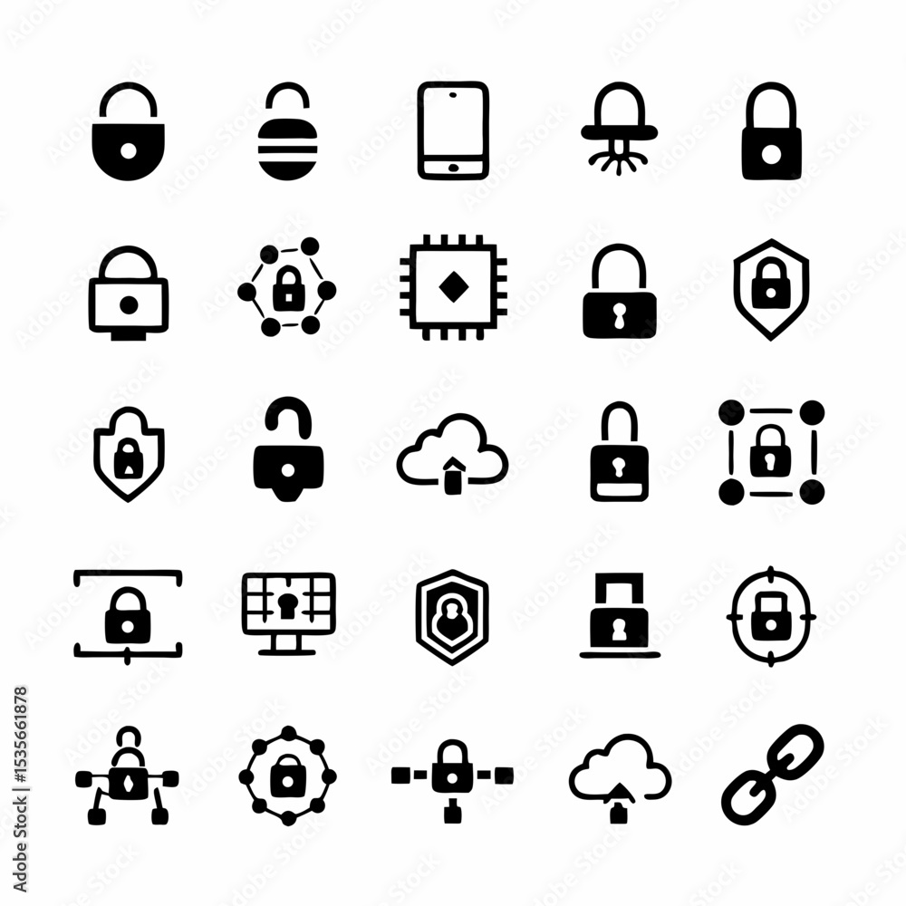 Aufkleber create a set of diverse, modern icons representing secure internet connections; include padlock, shi
