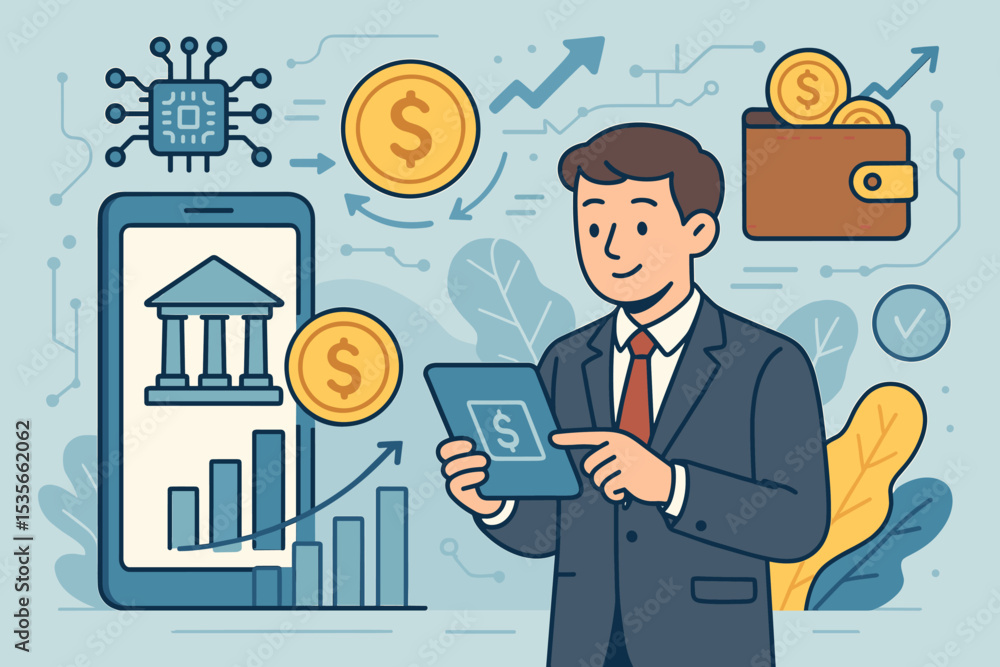 Aufkleber digital banking and fintech concept. businessman with tablet using mobile app for online payment and