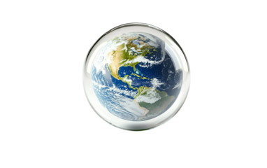A surreal scene featuring a miniature Earth globe contained inside a transparent structure symbolizing imagination isolated on transparent background PNG