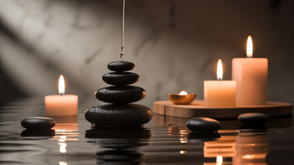 A zen scene with stacked stones, candles, and water droplets for relaxation and meditation practice