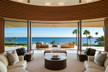 The spacious living room has modern furniture and large windows, providing stunning ocean views at sunrise for a serene atmosphere. Summer holidays in tropical environment. Generative AI.
