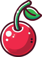 Vibrant cartoon illustration of a single cherry with green stem and leaf on white background