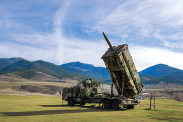 Symbol image: Mobile air defense system on standby – military launcher vehicle in open terrain under daylight conditions